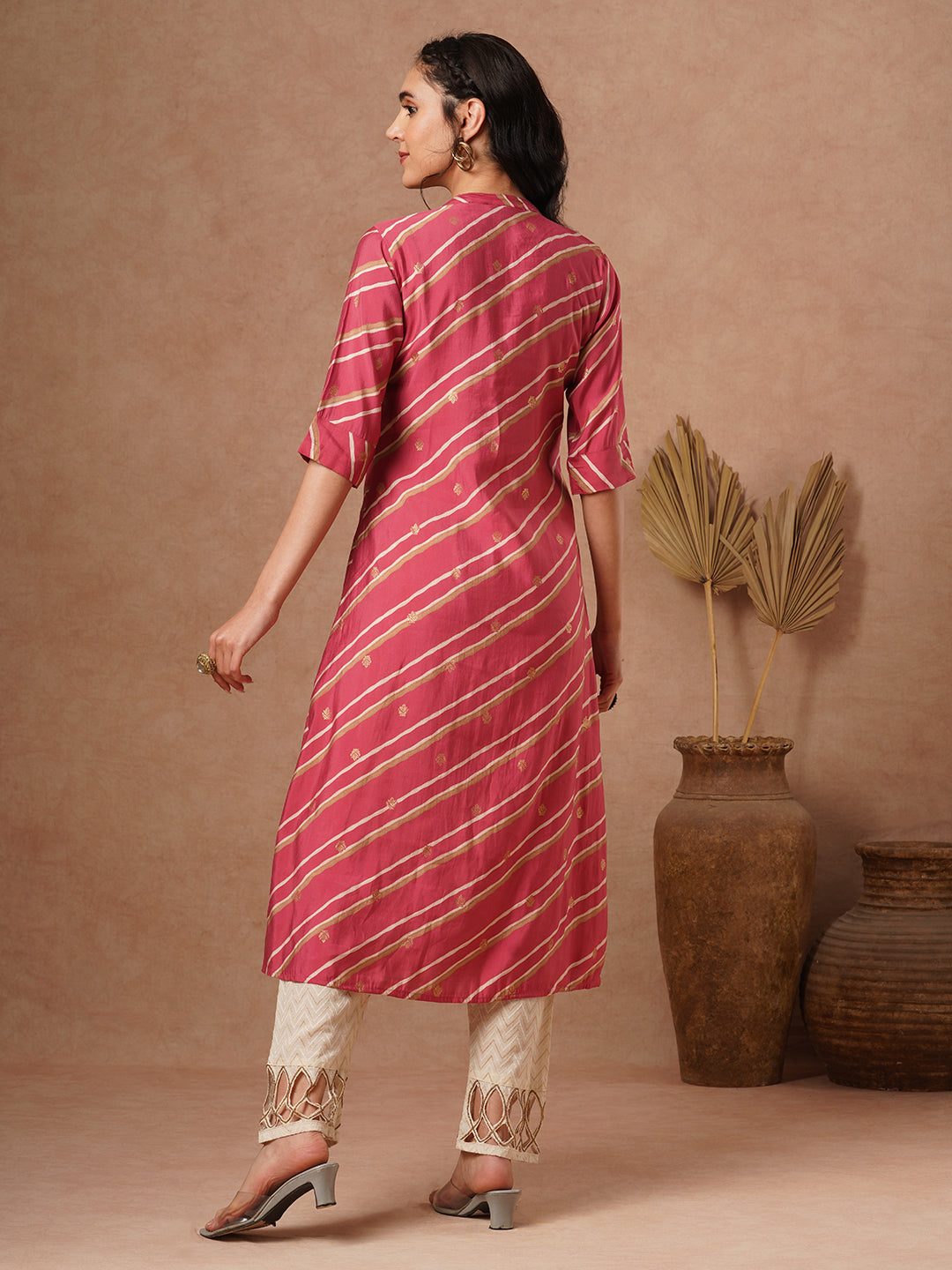 Leheriya Printed A-Line Flared Kurta - Pink