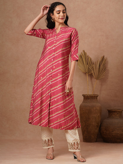 Leheriya Printed A-Line Flared Kurta - Pink