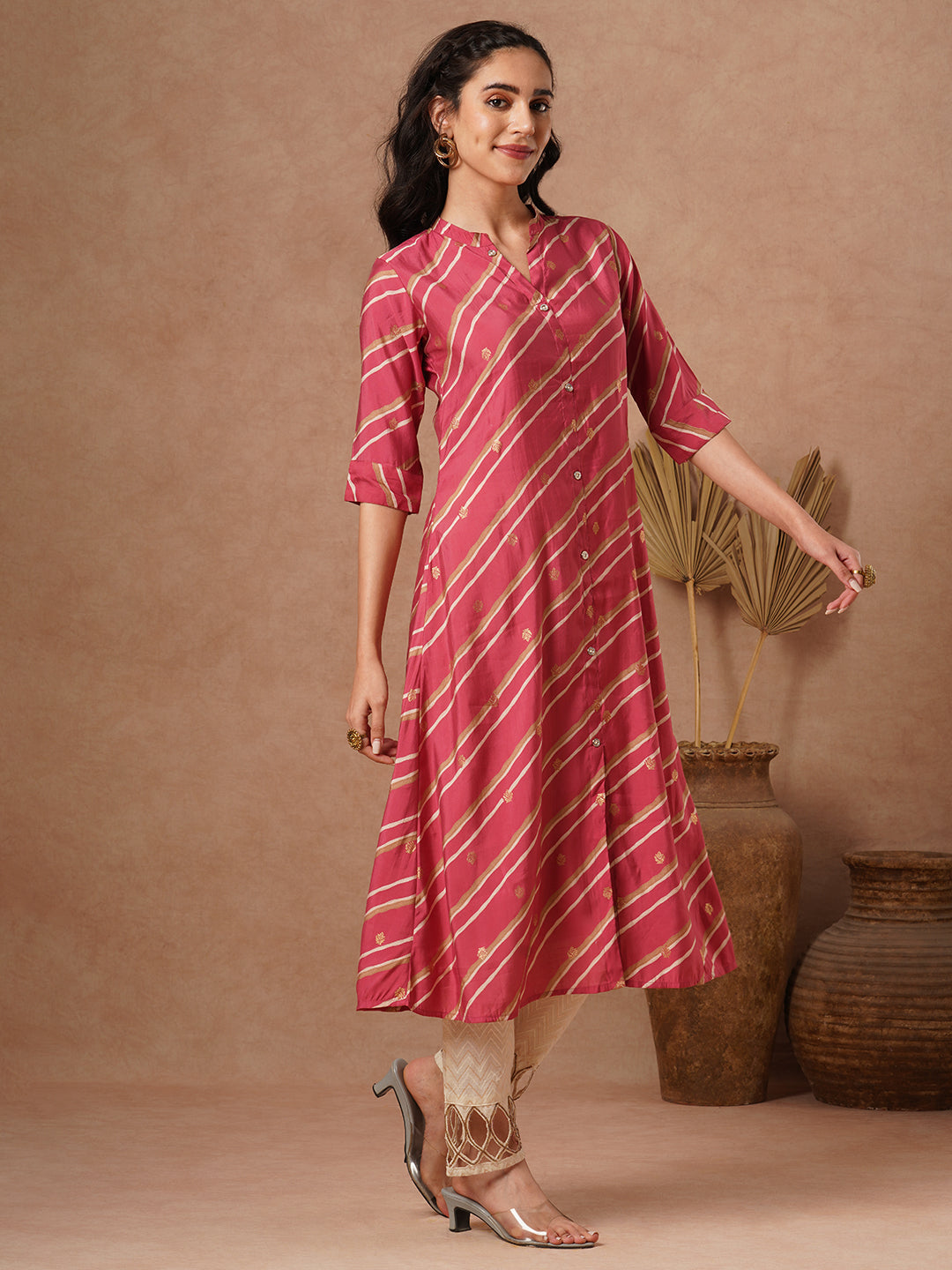 Leheriya Printed A-Line Flared Kurta - Pink