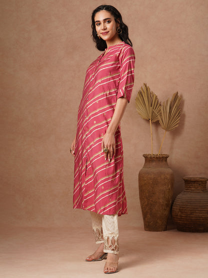 Leheriya Printed A-Line Flared Kurta - Pink