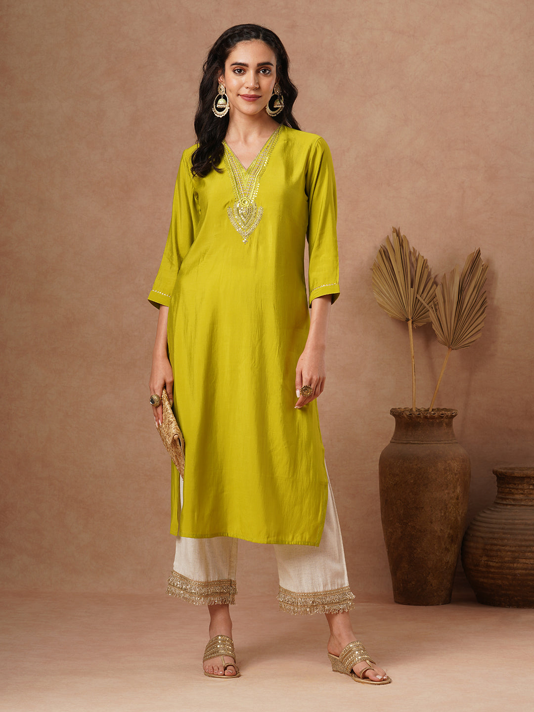 Solid Ethnic Zari Embroidered Straight Fit Kurta - Lime Green