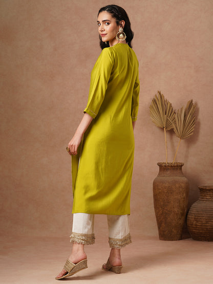 Solid Ethnic Zari Embroidered Straight Fit Kurta - Lime Green