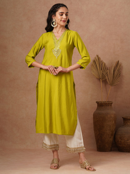 Solid Ethnic Zari Embroidered Straight Fit Kurta - Lime Green