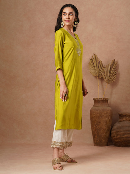 Solid Ethnic Zari Embroidered Straight Fit Kurta - Lime Green