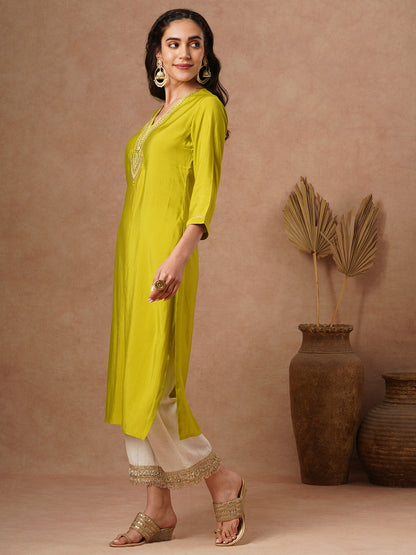 Solid Ethnic Zari Embroidered Straight Fit Kurta - Lime Green