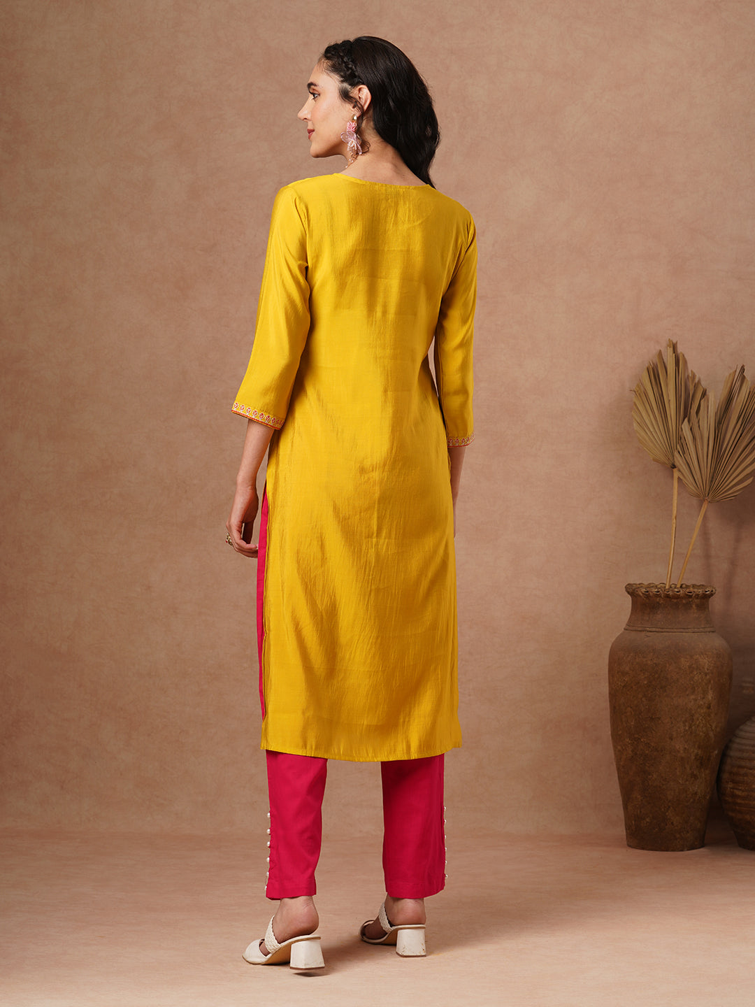 Ethnic Resham Embroidered Straight Fit Kurta - Yellow