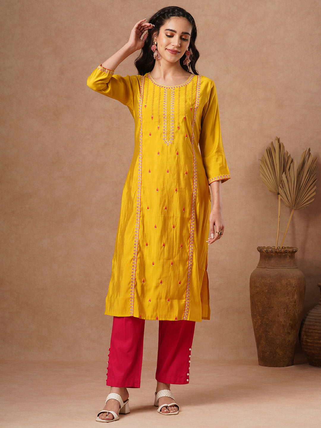 Ethnic Resham Embroidered Straight Fit Kurta - Yellow