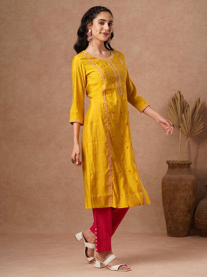 Ethnic Resham Embroidered Straight Fit Kurta - Yellow