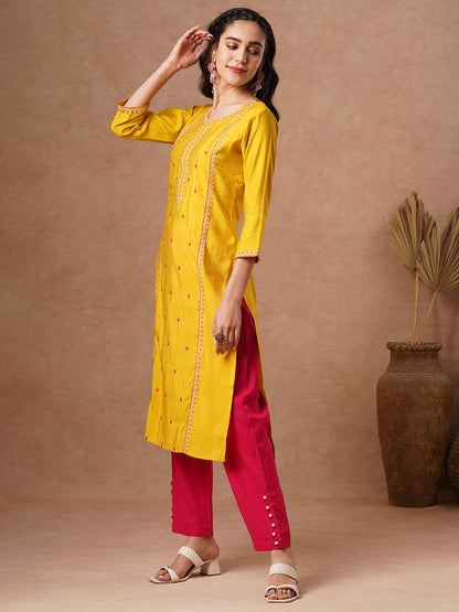 Ethnic Resham Embroidered Straight Fit Kurta - Yellow