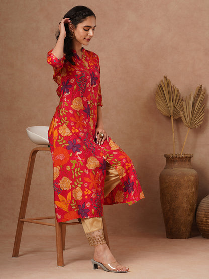 Abstract Floral Foil Printed A-Line Kurta - Red