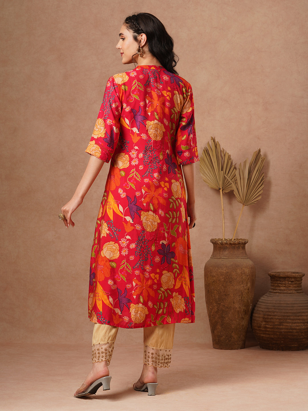 Abstract Floral Foil Printed A-Line Kurta - Red