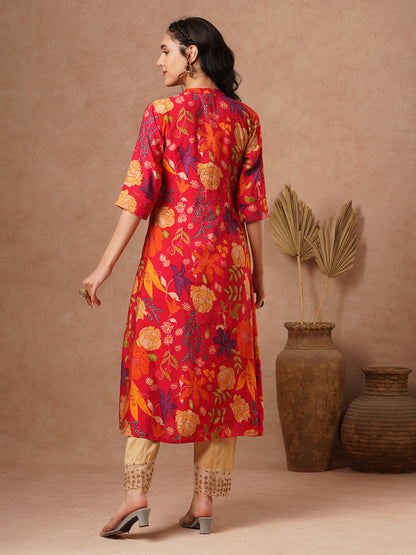 Abstract Floral Foil Printed A-Line Kurta - Red