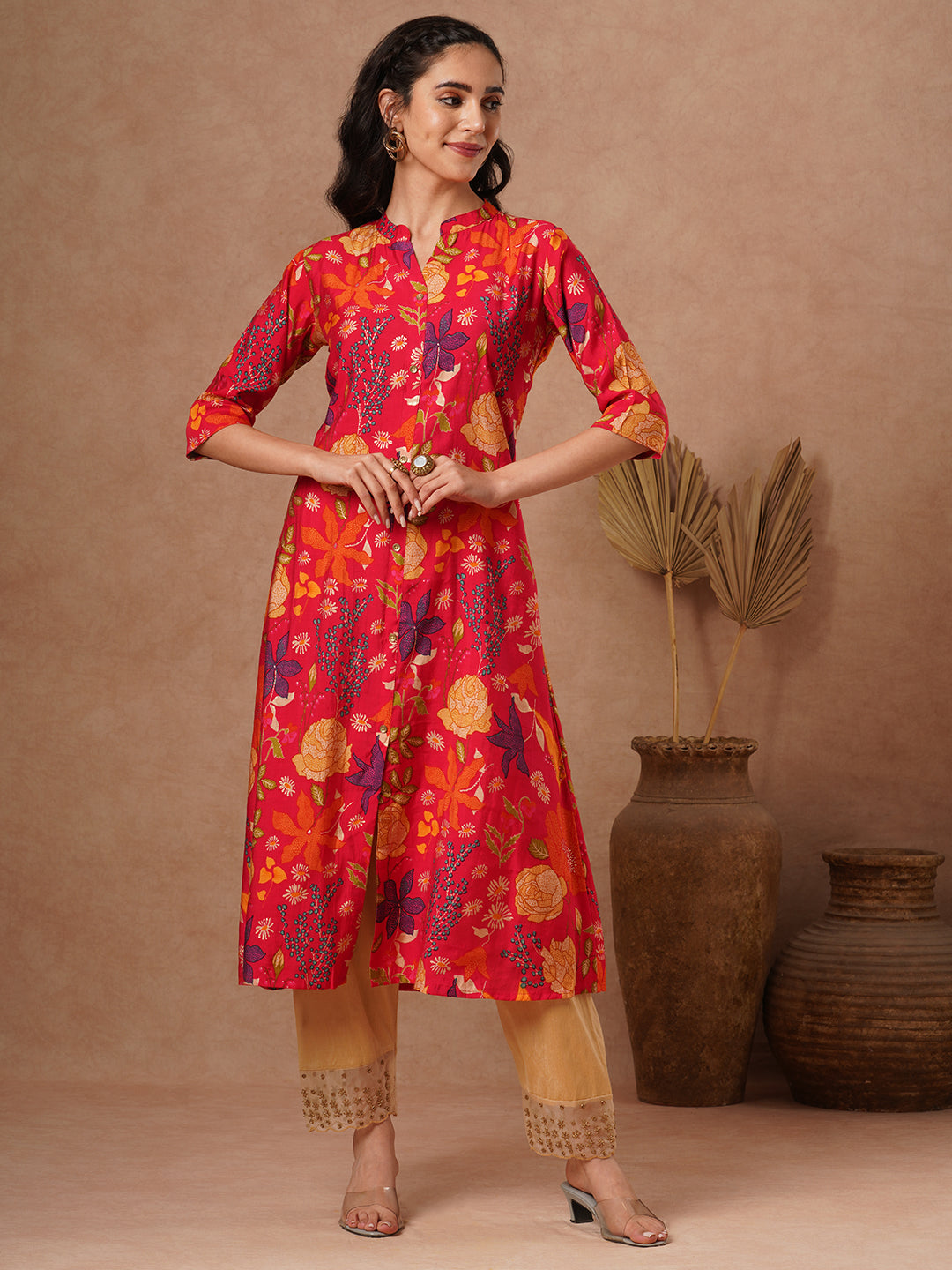 Abstract Floral Foil Printed A-Line Kurta - Red