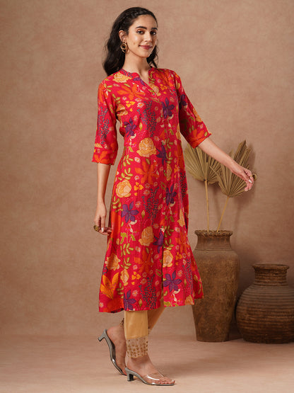 Abstract Floral Foil Printed A-Line Kurta - Red