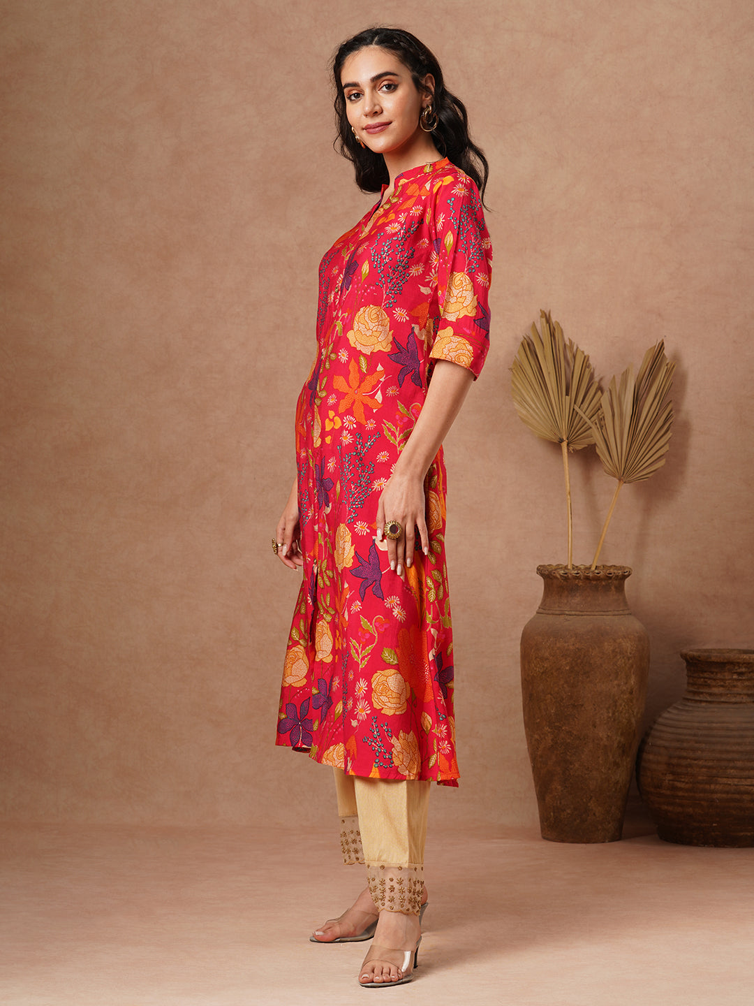 Abstract Floral Foil Printed A-Line Kurta - Red