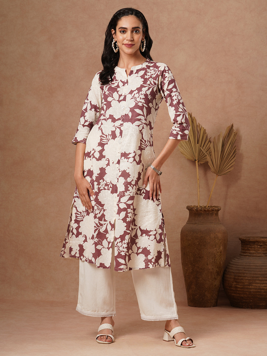 Abstract Floral Printed A-Line Cotton Flax Kurta - Brown