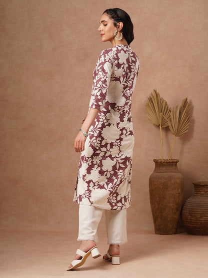 Abstract Floral Printed A-Line Cotton Flax Kurta - Brown