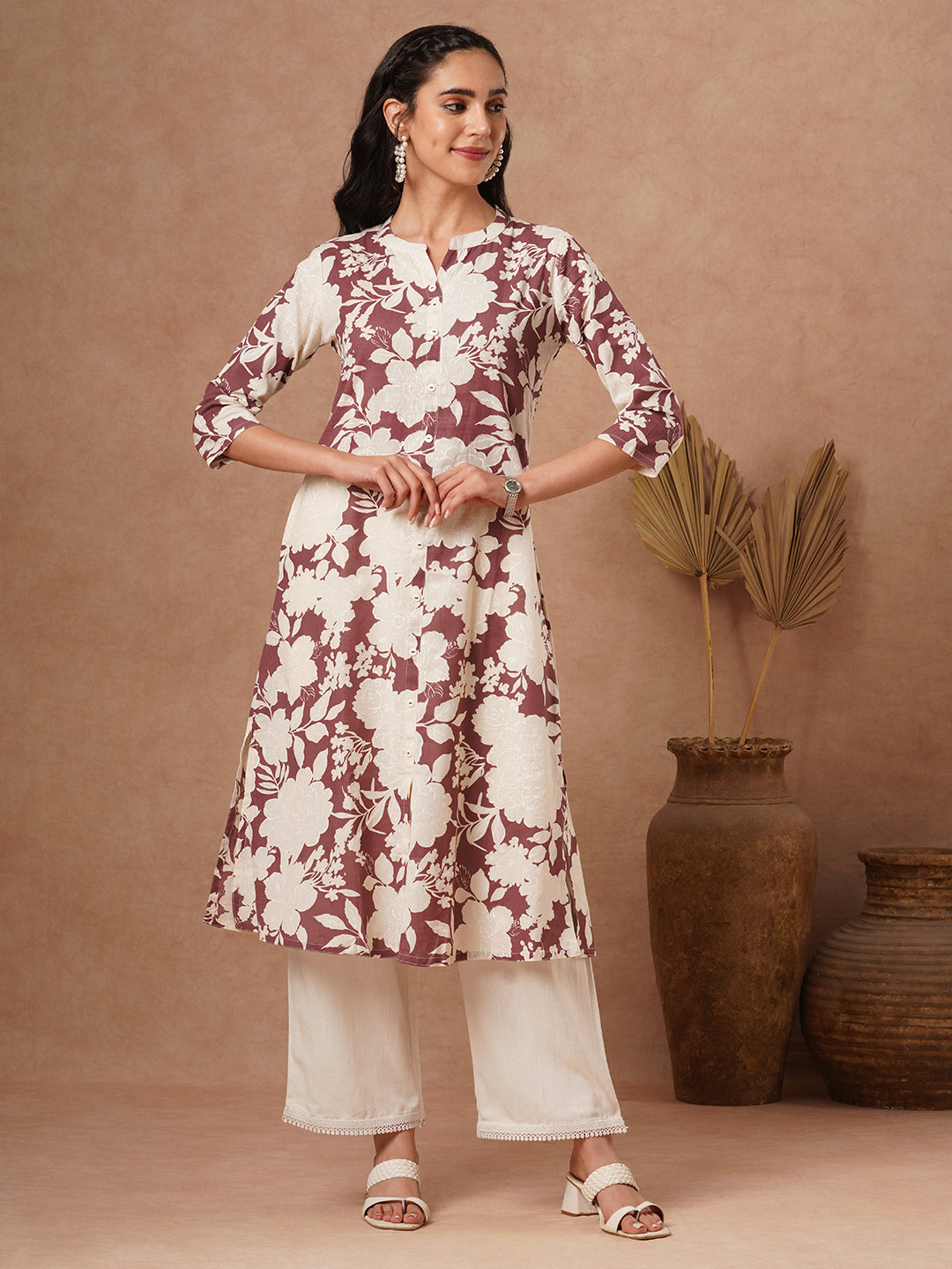 Abstract Floral Printed A-Line Cotton Flax Kurta - Brown