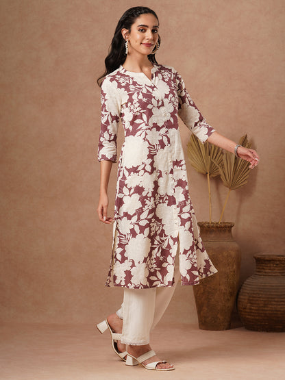 Abstract Floral Printed A-Line Cotton Flax Kurta - Brown