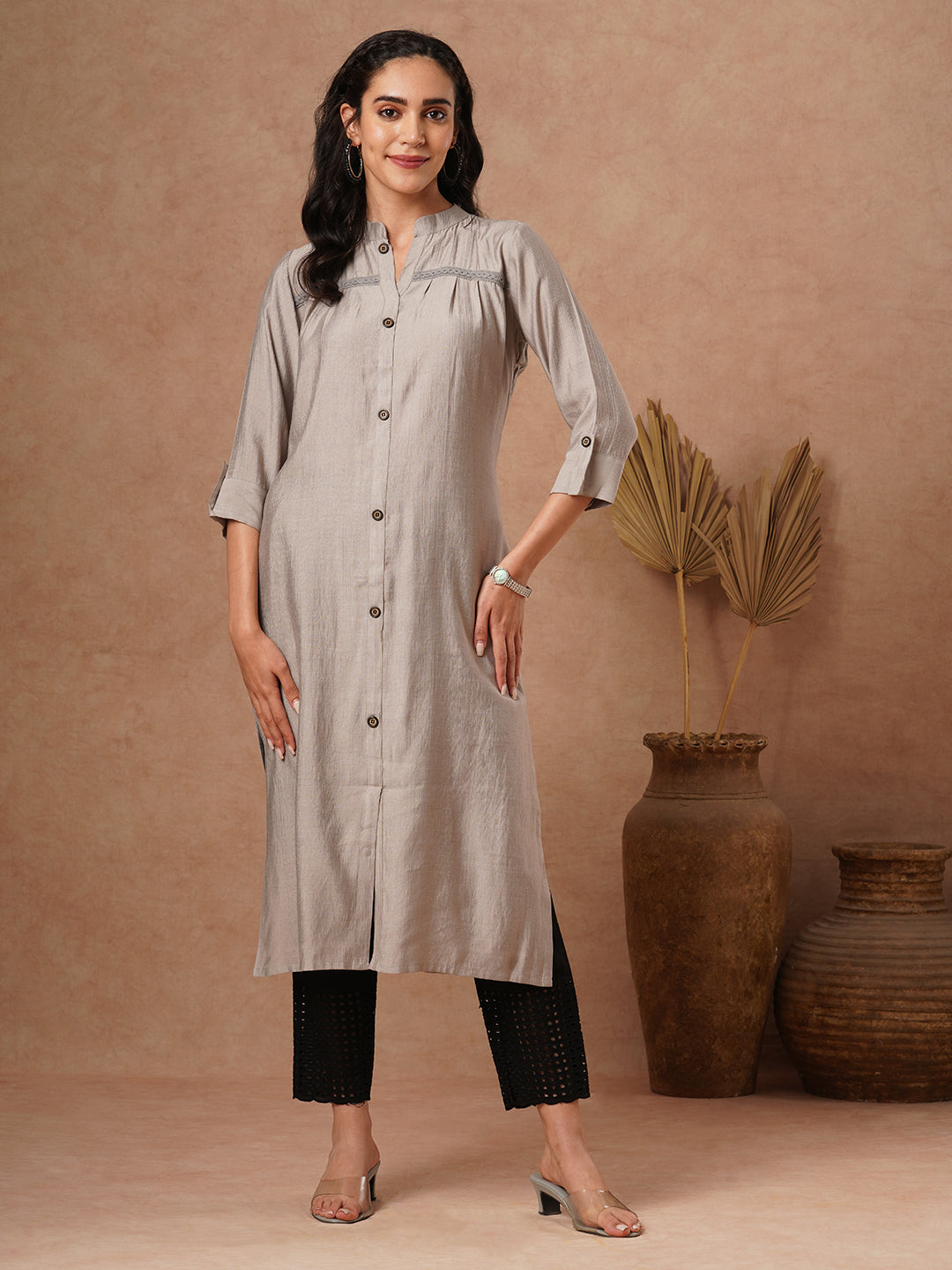 Solid A-Line Cut Kurta - Grey