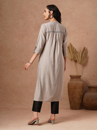 Solid A-Line Cut Kurta - Grey