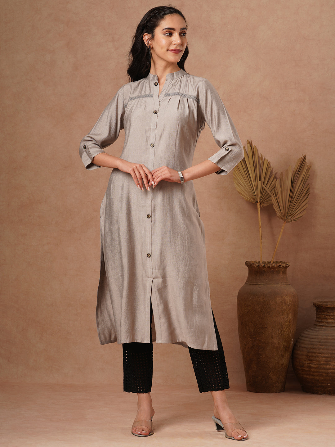 Solid A-Line Cut Kurta - Grey