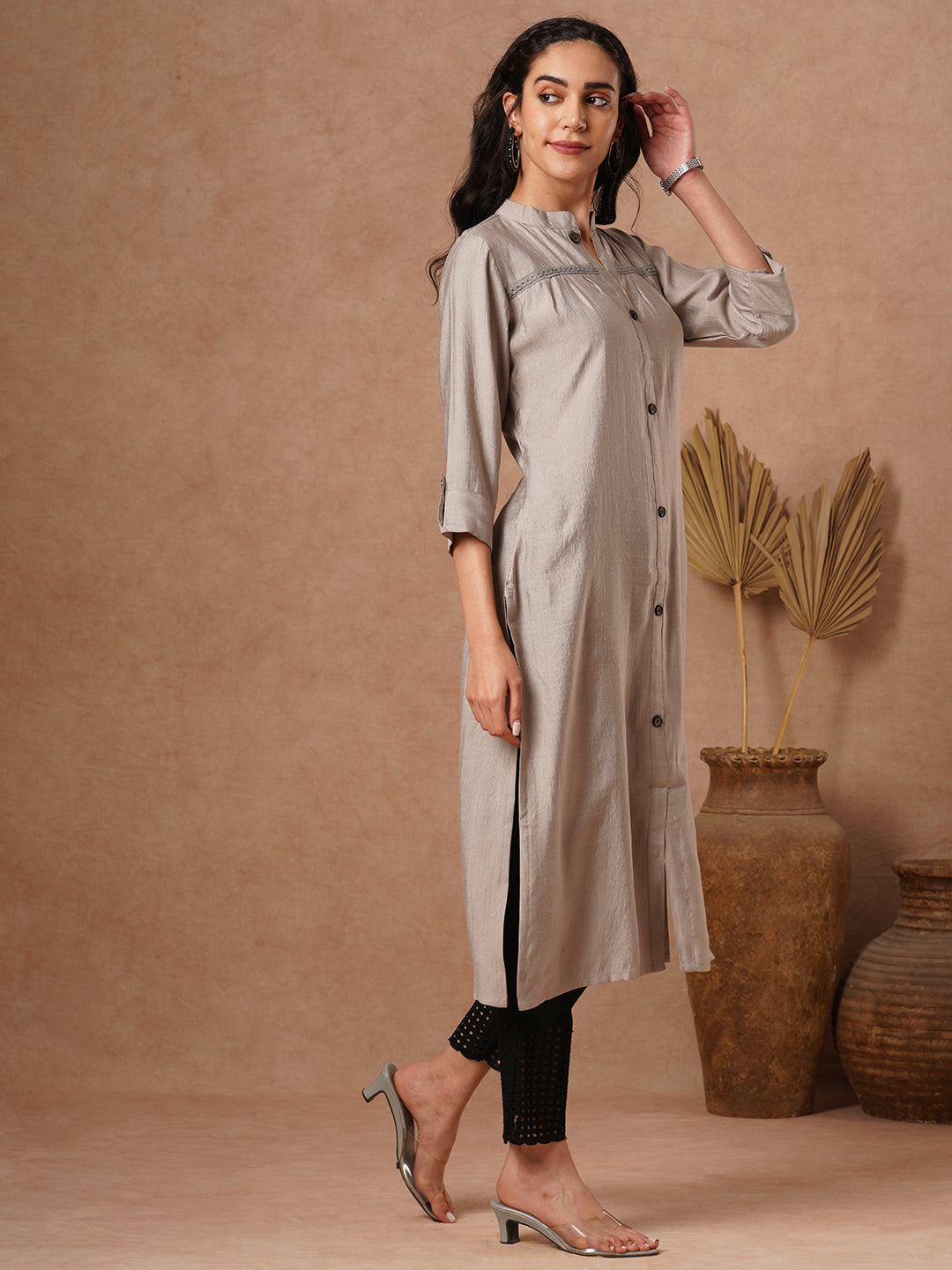 Solid A-Line Cut Kurta - Grey