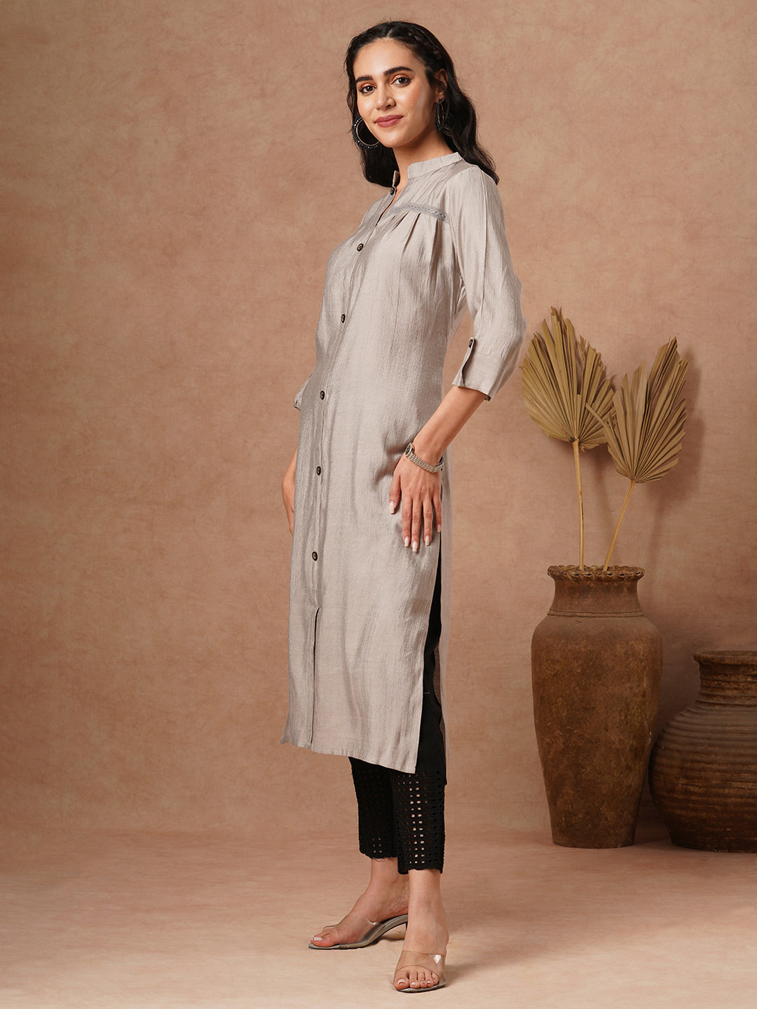 Solid A-Line Cut Kurta - Grey