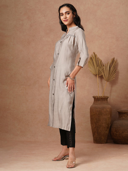 Solid A-Line Cut Kurta - Grey