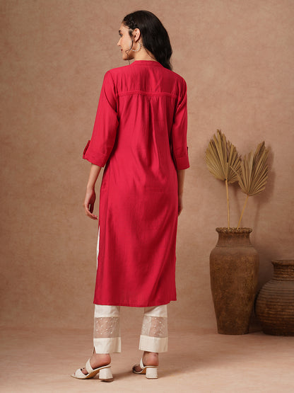 Solid A-Line Cut Kurta - Red