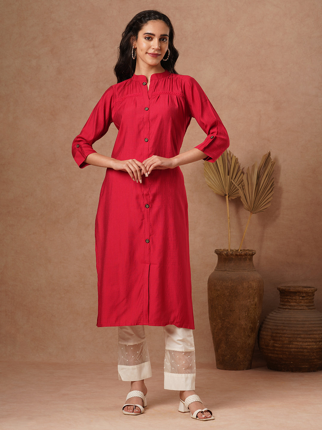 Solid A-Line Cut Kurta - Red