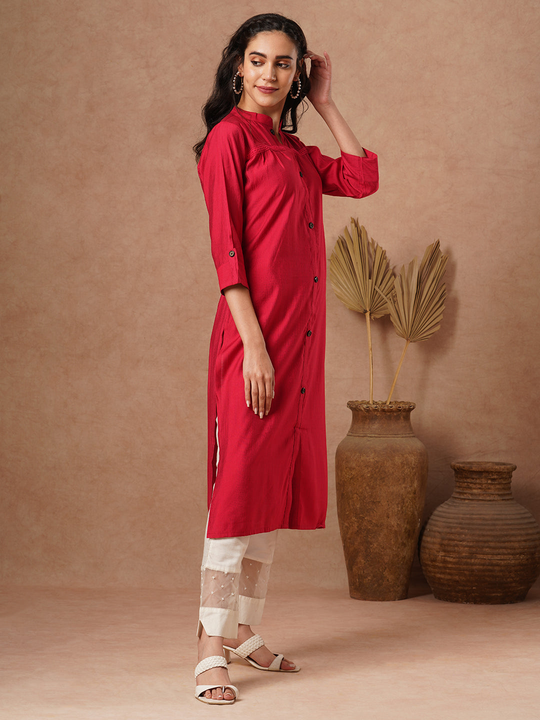 Solid A-Line Cut Kurta - Red