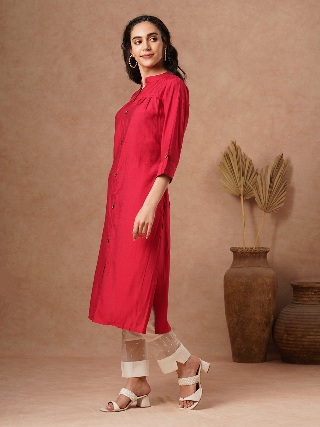 Solid A-Line Cut Kurta - Red