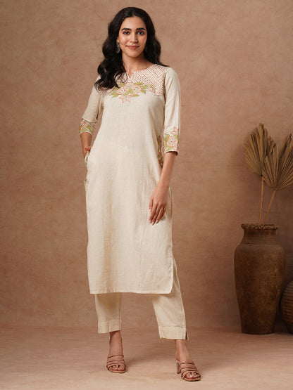 Floral Zari Embroidered Straight Fit Cotton Flax Co-ord Set - Off White