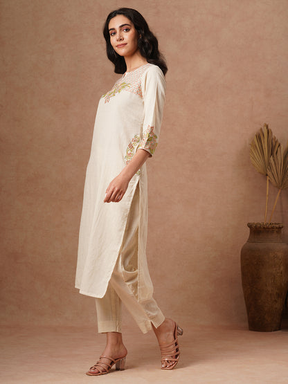 Floral Zari Embroidered Straight Fit Cotton Flax Co-ord Set - Off White