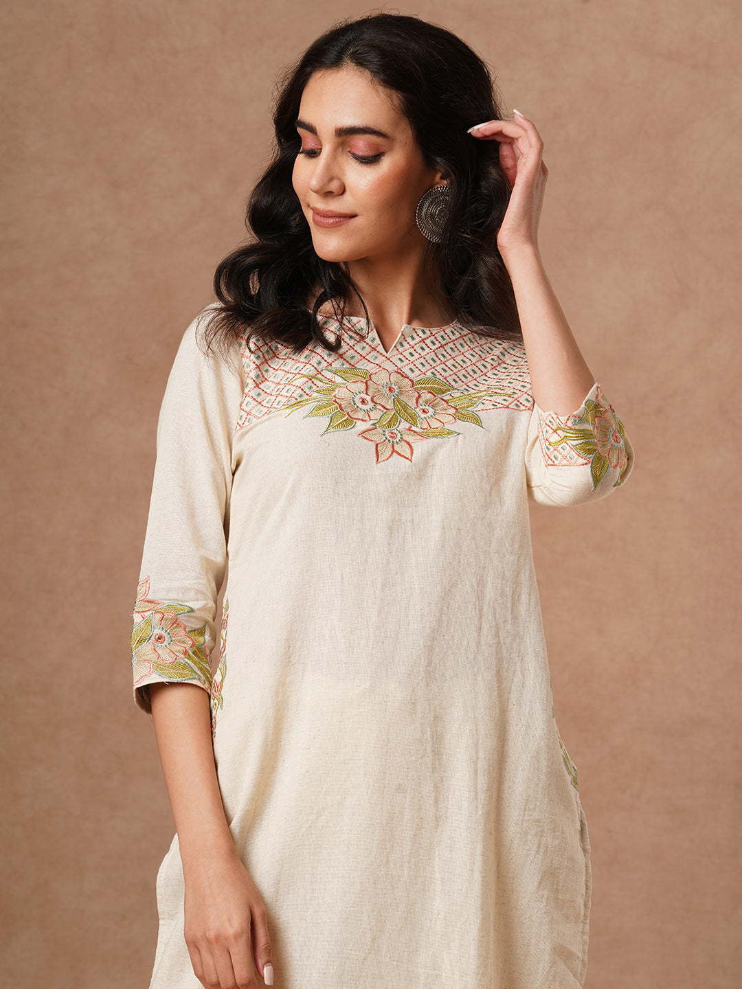 Floral Zari Embroidered Straight Fit Cotton Flax Co-ord Set - Off White