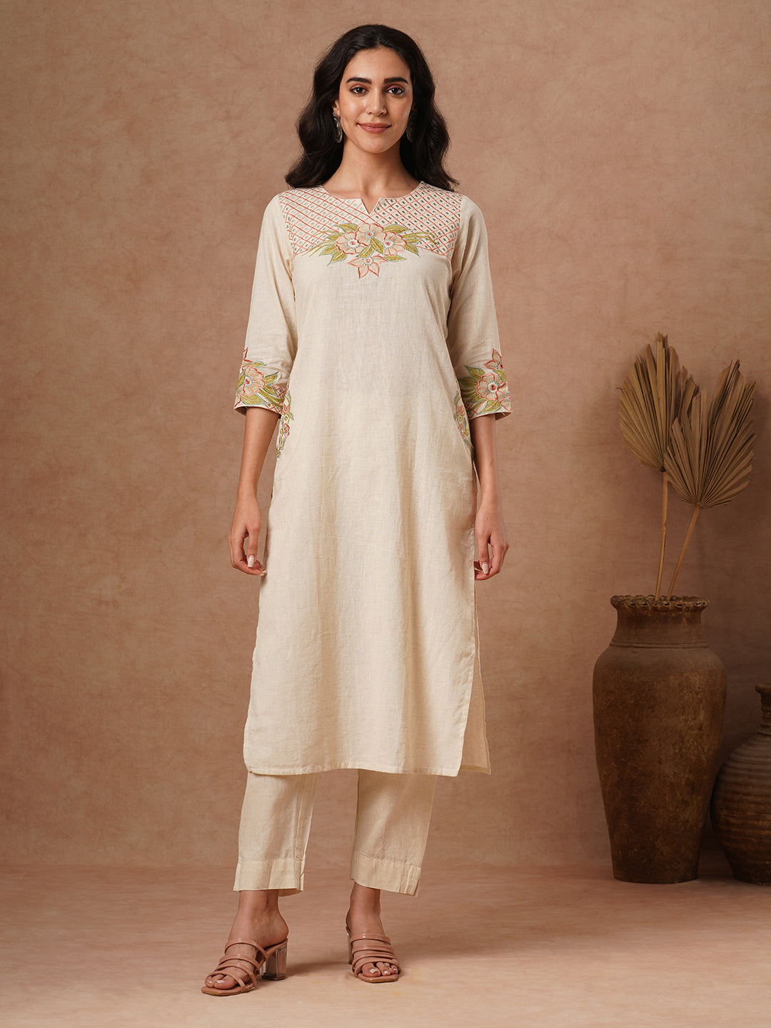 Floral Zari Embroidered Straight Fit Cotton Flax Co-ord Set - Off White