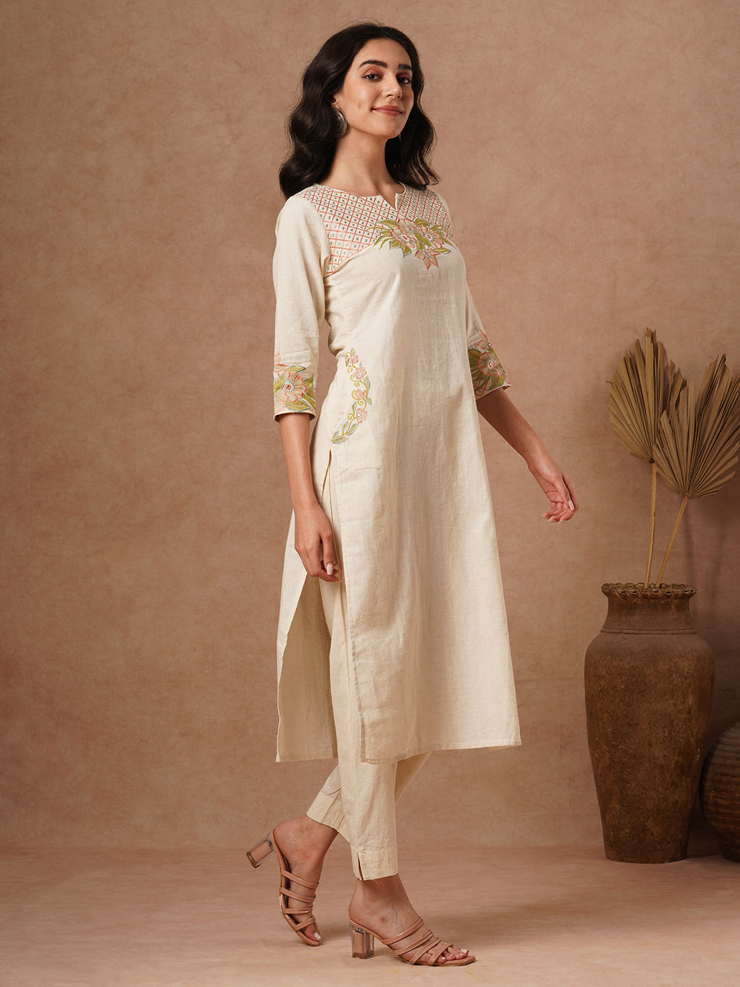 Floral Zari Embroidered Straight Fit Cotton Flax Co-ord Set - Off White