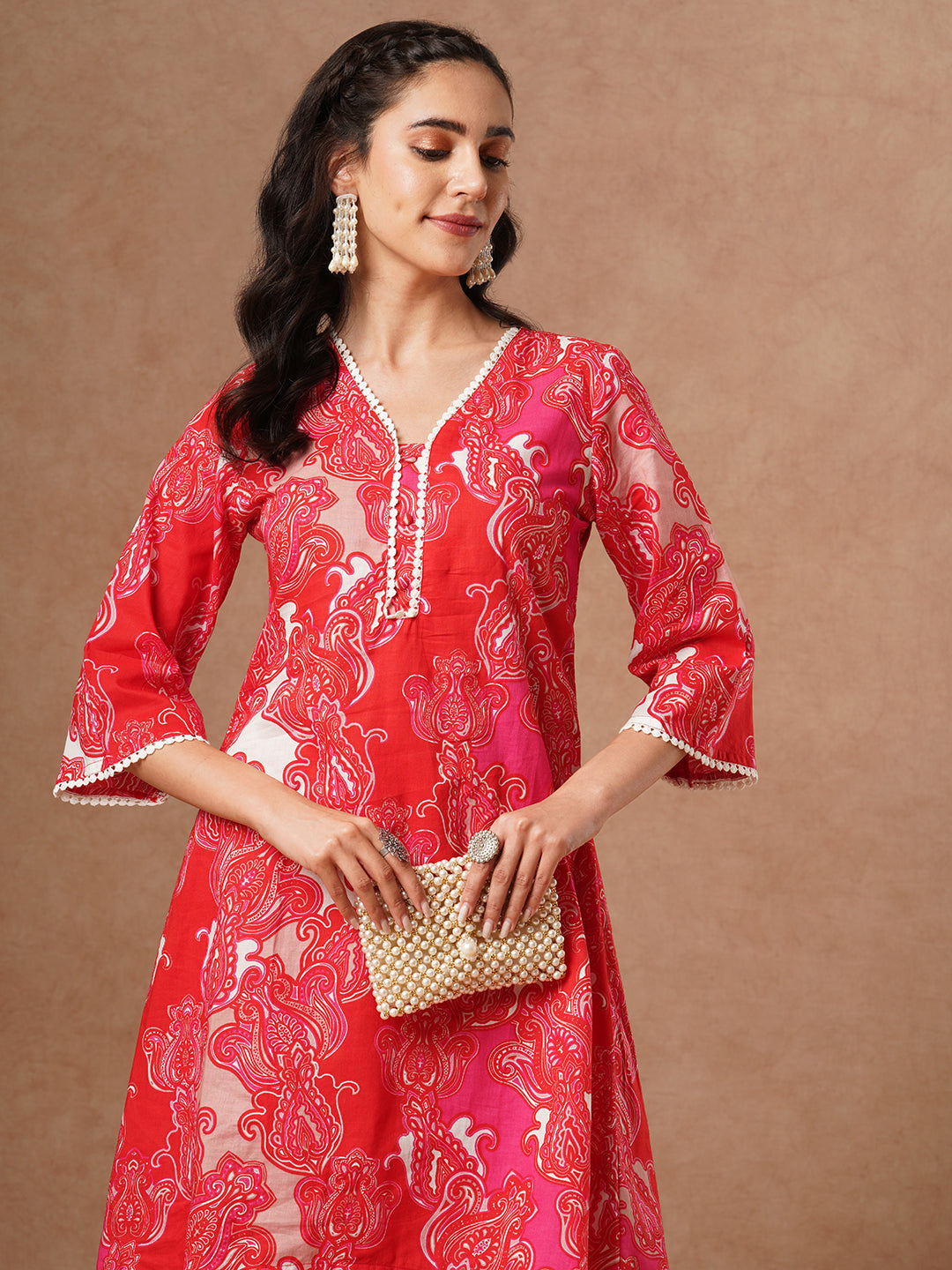 Ethnic Printed A-Line Fit Co-ord Set - Red