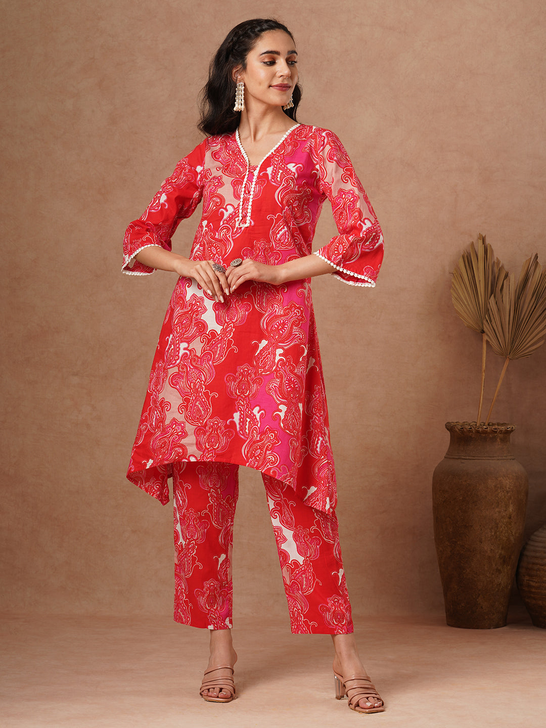 Ethnic Printed A-Line Fit Co-ord Set - Red