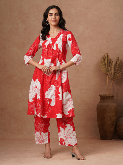 Ethnic Floral Block Printed A-Line Paneled Co-ord Set - Red