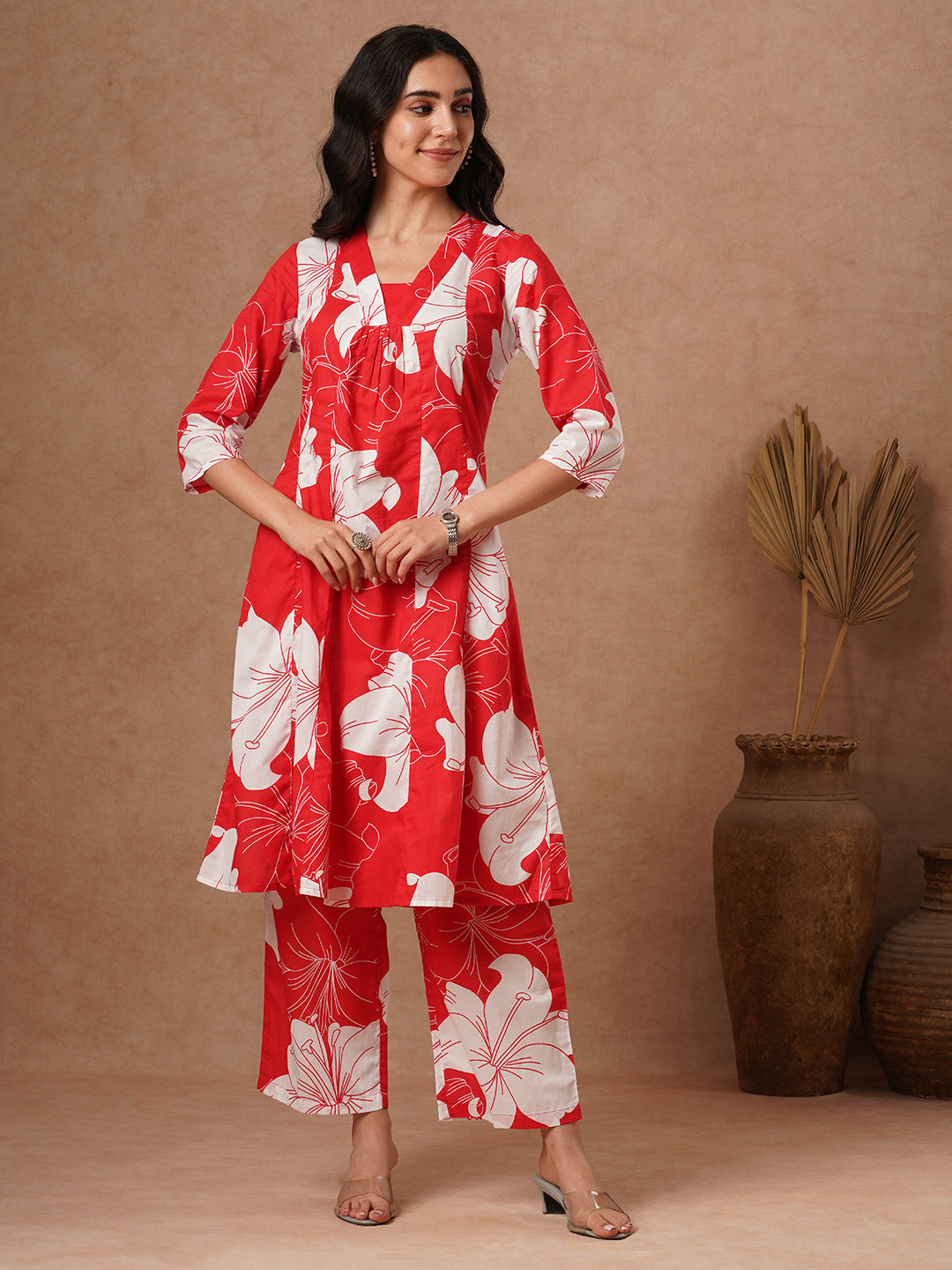 Ethnic Floral Block Printed A-Line Paneled Co-ord Set - Red