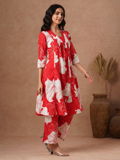 Ethnic Floral Block Printed A-Line Paneled Co-ord Set - Red