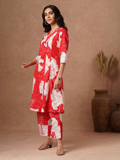 Ethnic Floral Block Printed A-Line Paneled Co-ord Set - Red