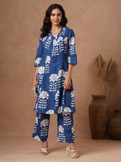 Ethnic Floral Block Printed A-Line Paneled Co-ord Set - Blue