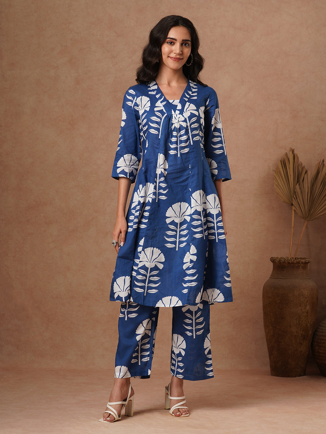 Ethnic Floral Block Printed A-Line Paneled Co-ord Set - Blue