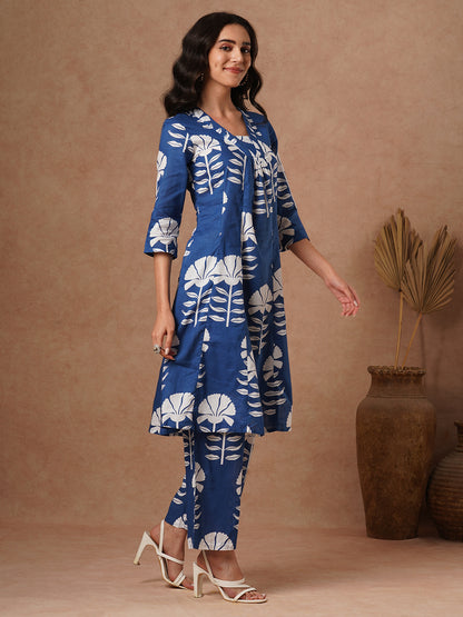 Ethnic Floral Block Printed A-Line Paneled Co-ord Set - Blue