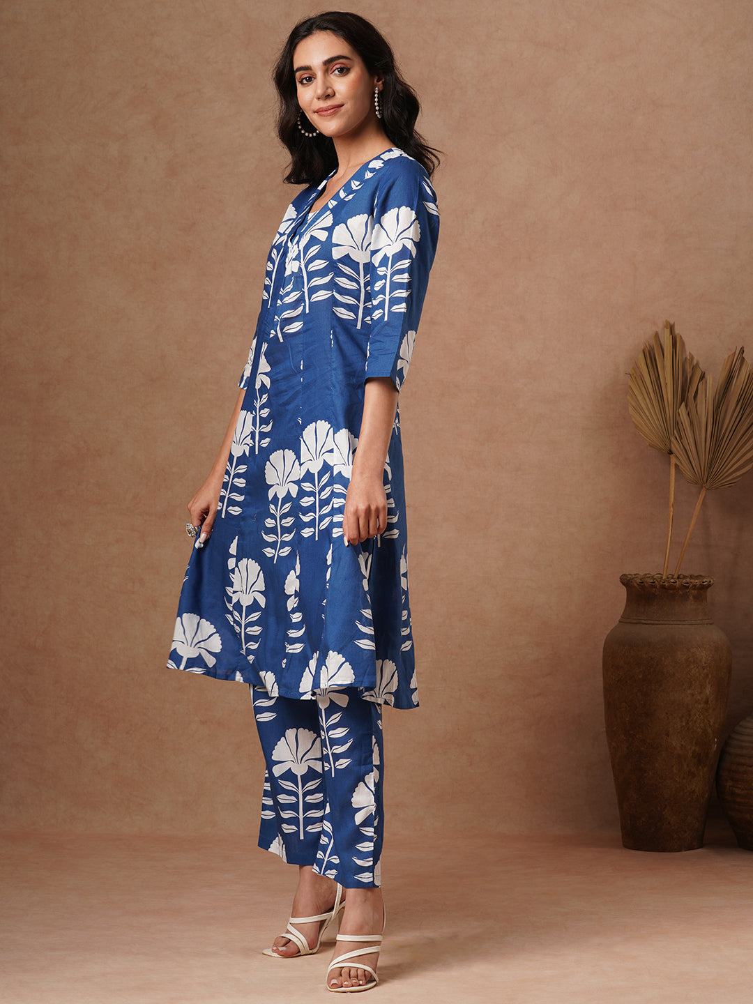 Ethnic Floral Block Printed A-Line Paneled Co-ord Set - Blue