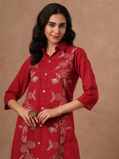 Solid Floral Embroidered A-Line Co-ord Set - Red