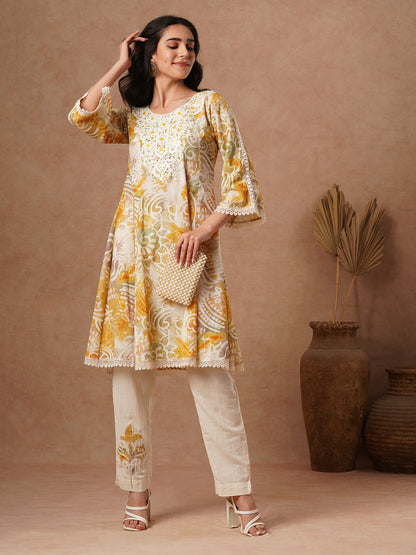 Abstract Printed & Embroidered A-Line Paneled Cotton Flax Kurta with Pant - Multi